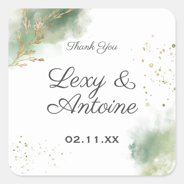 Sticker Carré Artistic Chic Moss Green Aquarelle or Mariage (Devant)