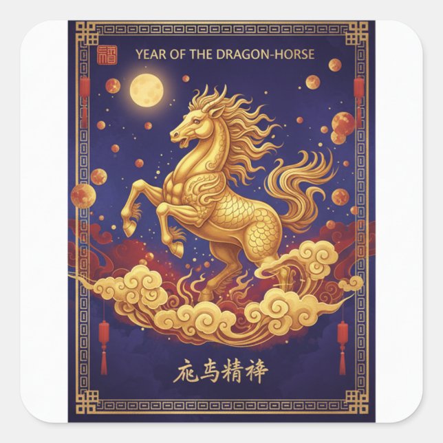 Sticker Carré Artistic Dragon-Horse 2026 Lunar New Year Card (Devant)
