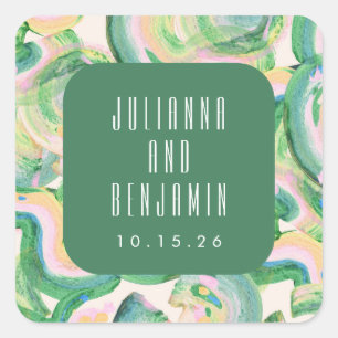 Sticker Carré Artsy Abstrait Mariage d'aquarelle verte moderne