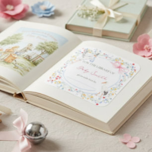 Sticker Carré Assiette de livre pour Baby Shower avec un ruban d