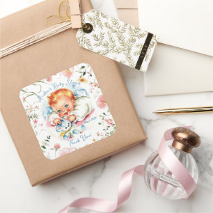 Sticker Carré Assiette en papier pour Baby Shower Pastel Vintage