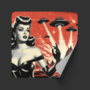 Sticker Carré Assiettes Volantes Vintage Pin-up
