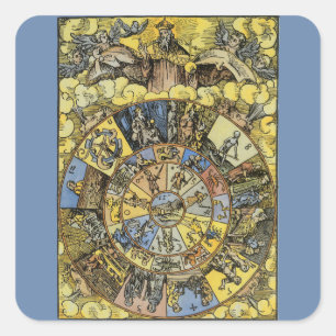 Sticker Carré Astrologie Vintage, Roue du Zodiaque de la Renaiss