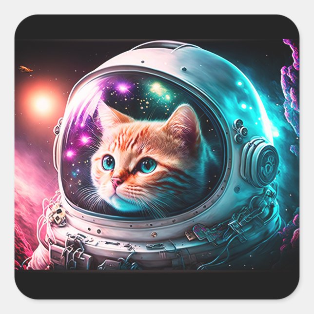 Sticker Carré Astronaut de chat spatial drôle Kitty Galaxy Unive (Devant)