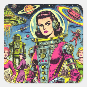 Sticker Carré Astronaut Femme Vintage de BD Sci-Fi