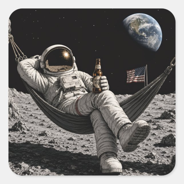 Sticker Carré Astronaute buvant de la bière (Devant)