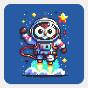 Sticker Carré Astronaute de hibou à 8 bits - Explorateur d'espac