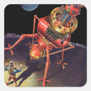 Sticker Carré Astronaute de science-fiction vintage avec robot a