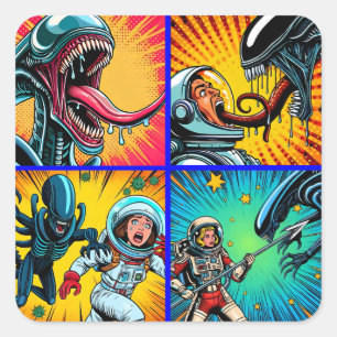 Sticker Carré Astronautes contre Pop Art Alien