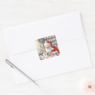 Sticker Carré Atelier de Père Noël à l'aquarelle pour Noël en ro