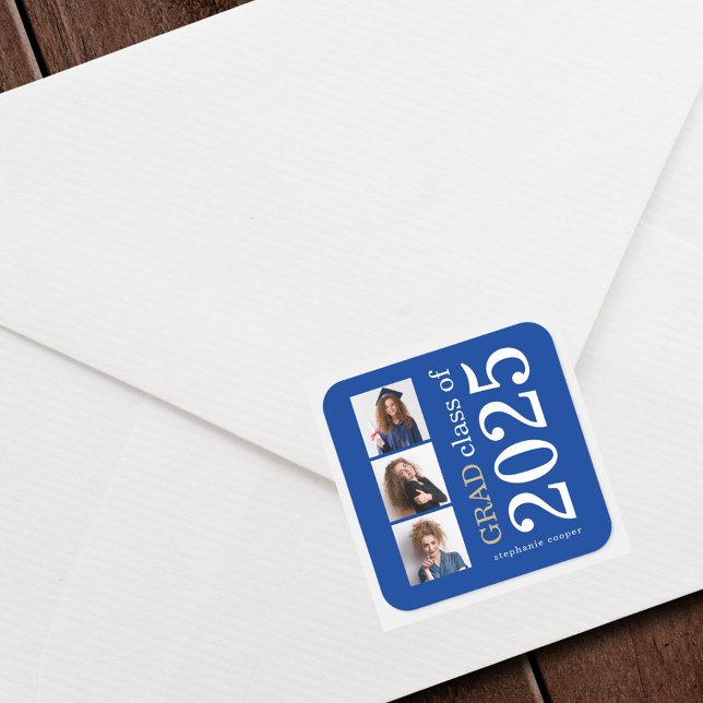 Sticker Carré Audacieuse Typographie 3 photos Bleu 2024 Graduati (Créateur téléchargé)