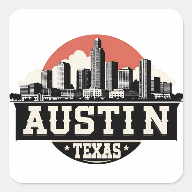 Sticker Carré Austin City Texas Skyline Retro Black & White Art (Devant)