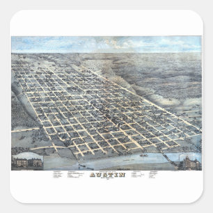 Sticker Carré Austin, Texas Antique Aerial City Carte de 1873