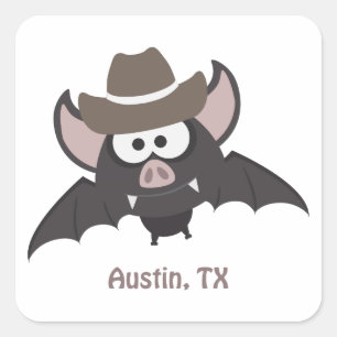 Sticker Carré Austin Texas Cute Cartoon Cowboy Bat