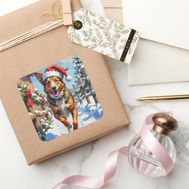 Sticker Carré Australian Cattle Dog Red Heeler Christmas (Cadeaux)