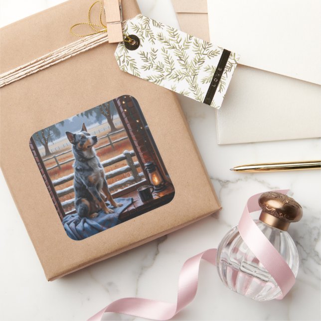 Sticker Carré Australian Cattle With Christmas Lights Holiday (Cadeaux)