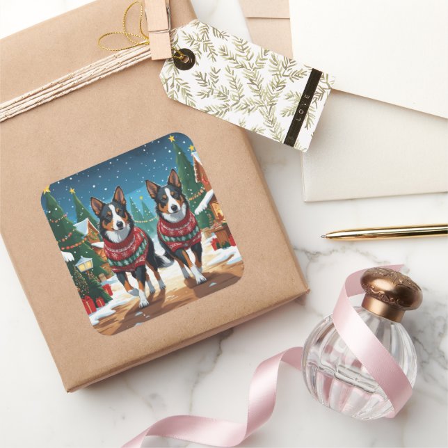 Sticker Carré Australian Kelpie Dogs Christmas Snow Holiday (Cadeaux)