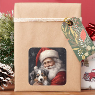 Sticker Carré Australian Shepherd avec le Père Noël Noël 