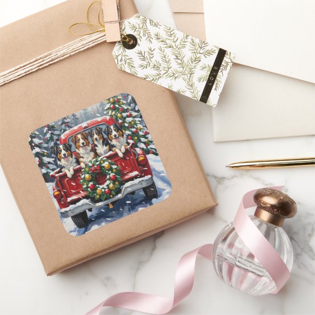 Sticker Carré Australian Shepherd Christmas Red Truck Holiday (Cadeaux)