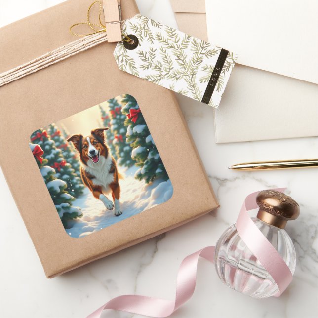 Sticker Carré Australian Shepherd Christmas Tree Farm Painting (Cadeaux)