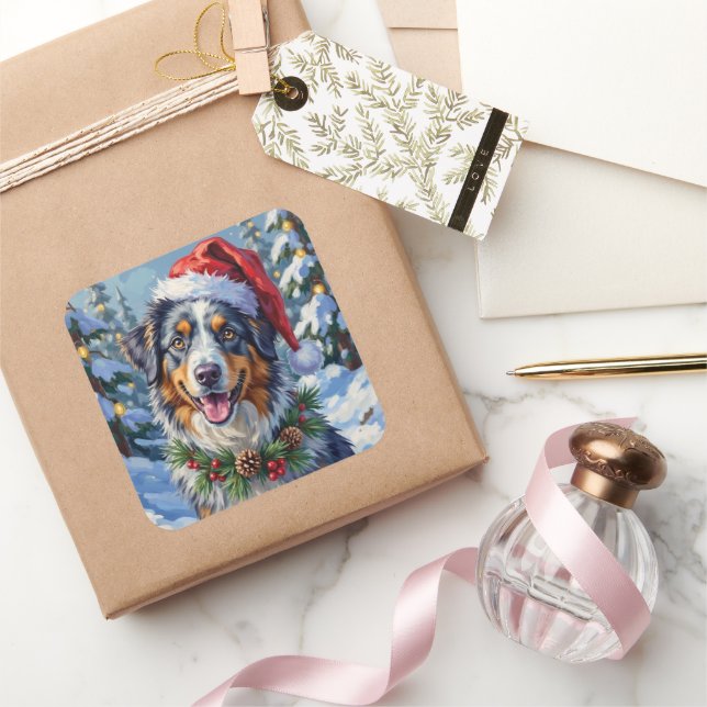 Sticker Carré Australian Shepherd Merle Winter Christmas Art (Cadeaux)