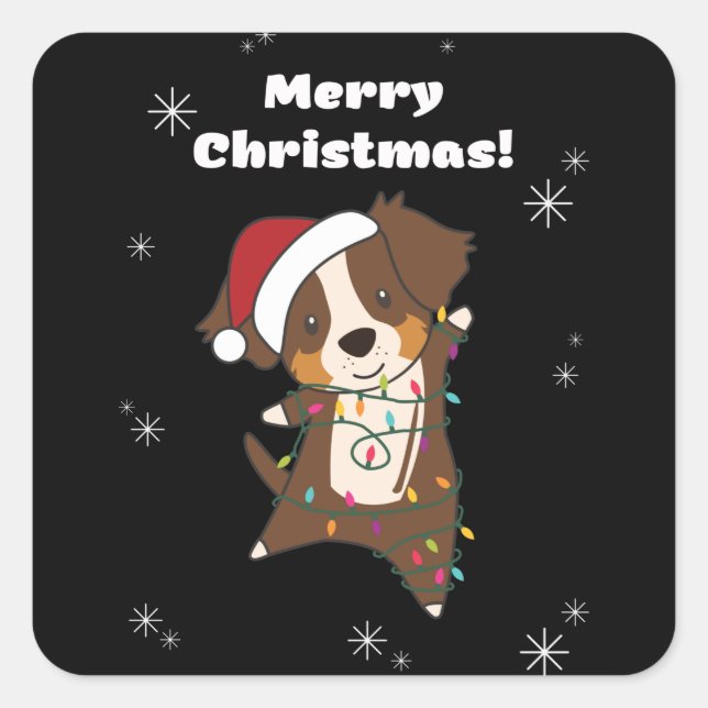 Sticker Carré Australian Shepherd Merry Christmas Winter (Devant)