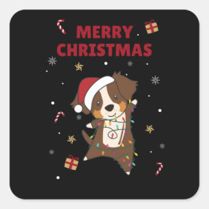 Sticker Carré Australian Shepherd Merry Christmas Winter