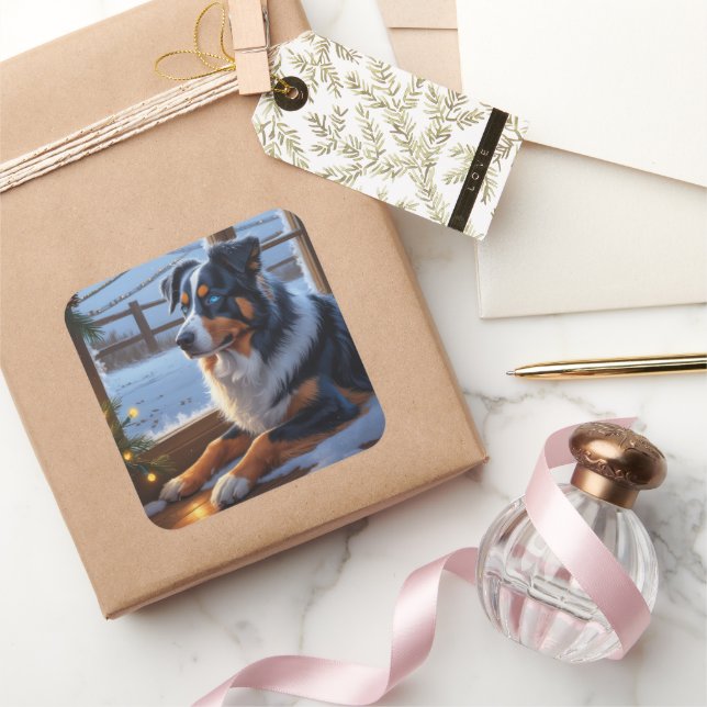 Sticker Carré Australian Shepherd With Christmas Lights Holiday (Cadeaux)