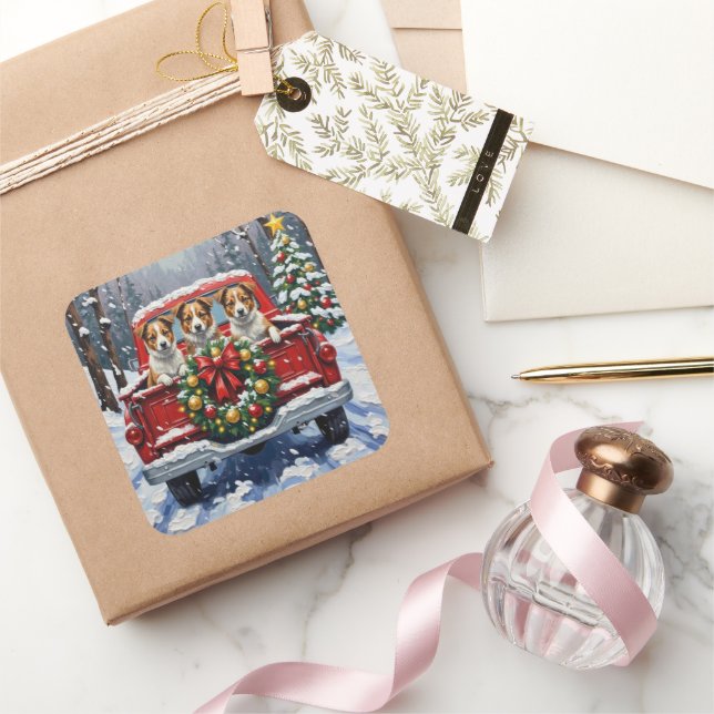 Sticker Carré Australian Terrier Christmas Red Truck Holiday (Cadeaux)