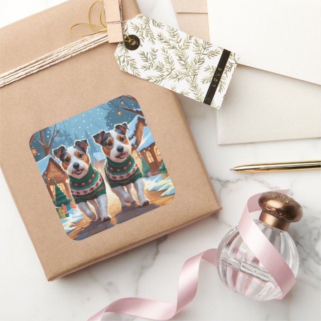 Sticker Carré Australian Terrier Dogs Christmas Snow Holiday (Cadeaux)