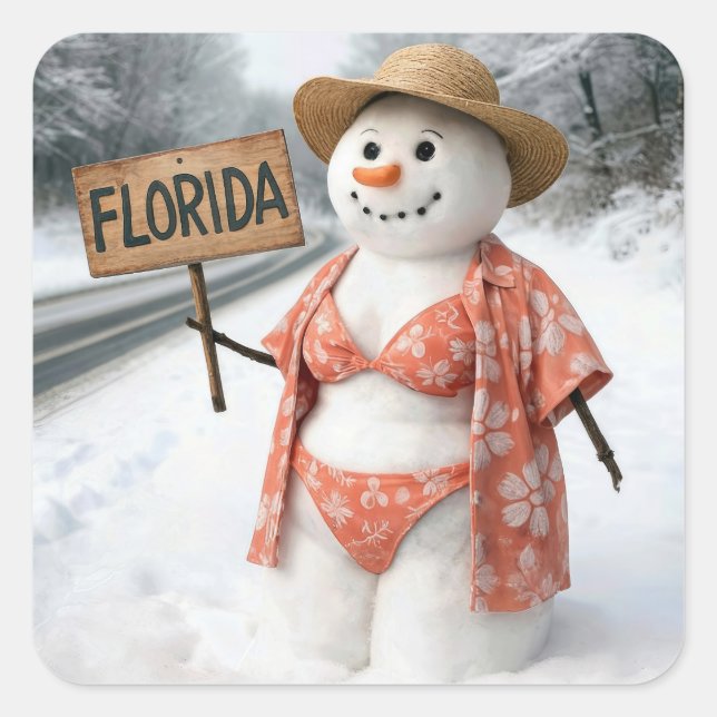 Sticker Carré Auto-stoppeuse en neige avec panneau de Floride (Devant)