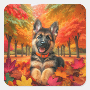 Sticker Carré Automne Allemand Berger Chiot Anniversaire