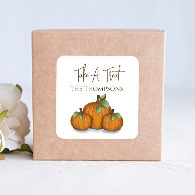 Sticker Carré Automne Automne Aquarelle Citrouille Treat Harvest (Take a treat Autumn pumpkin harvest square stickers. )