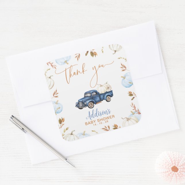 Sticker Carré Automne Bleu Citrouille Baby shower de camion Favo (Enveloppe)