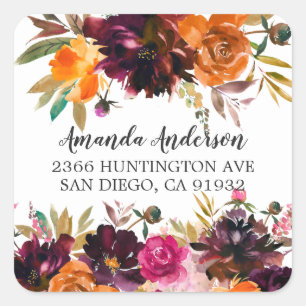 Sticker Carré Automne Bourgogne & Orange Florale Adresse de reto