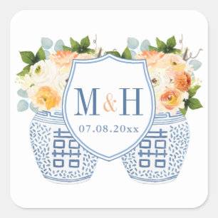 Sticker Carré Automne Chinoiserie Monogramme Mariage Faveur