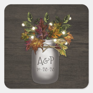 Sticker Carré Automne Feuilles Mason Jar Mariage rustique Faveur