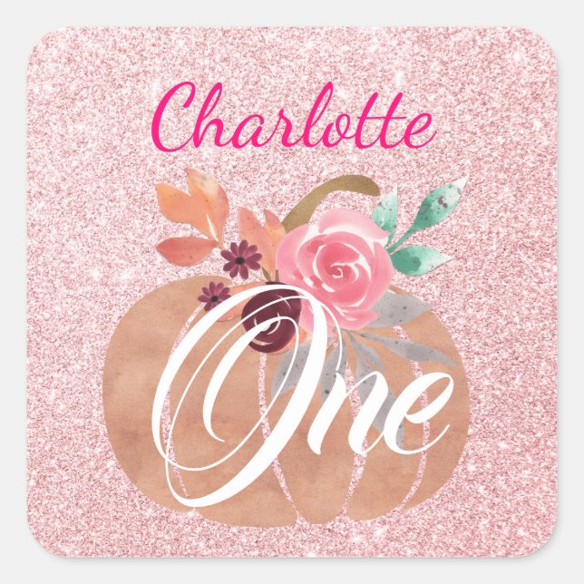 Sticker Carré Automne Floral Citrouille 1er Anniversaire Rose Or (Devant)
