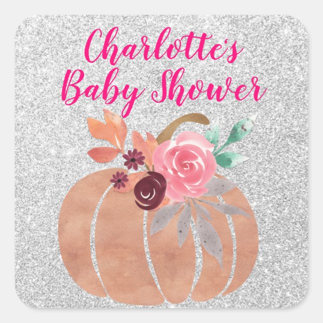 Sticker Carré Automne Floral Citrouille Baby shower rose argent (Devant)