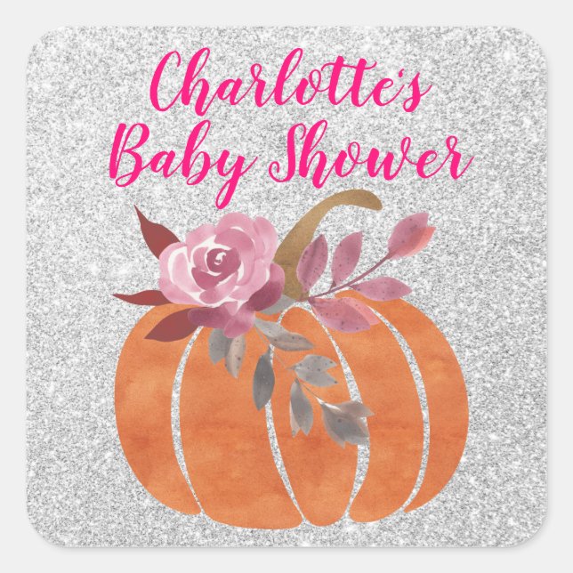 Sticker Carré Automne Floral Citrouille Baby shower rose argent (Devant)