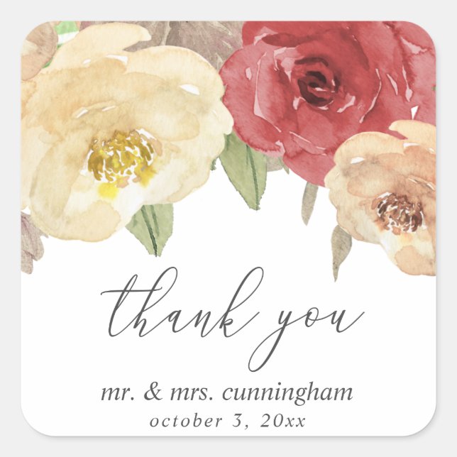 Sticker Carré Automne Floral Mariage Favoriser Merci (Devant)
