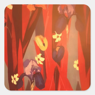 Sticker Carré Automne Floral Rouge Rustique Couleur Feuille