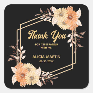 Sticker Carré Automne Orange Flower Gold Black Merci