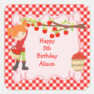 Sticker Carré Automne Pomme ramasser Cheveux rouges Anniversaire