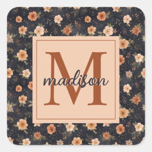 Sticker Carré Automne Sombre Moody Terracotta Floral Monogramme