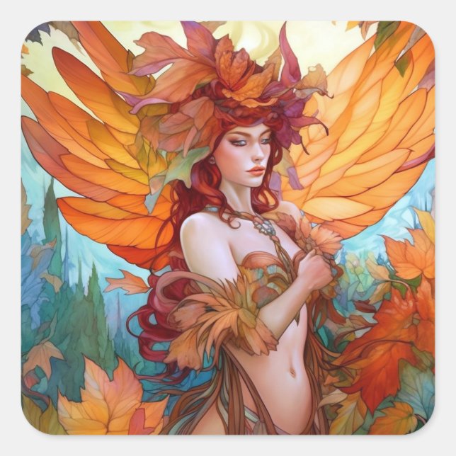 Sticker Carré Automne Woodland Fairy Imaginaire Art (Devant)