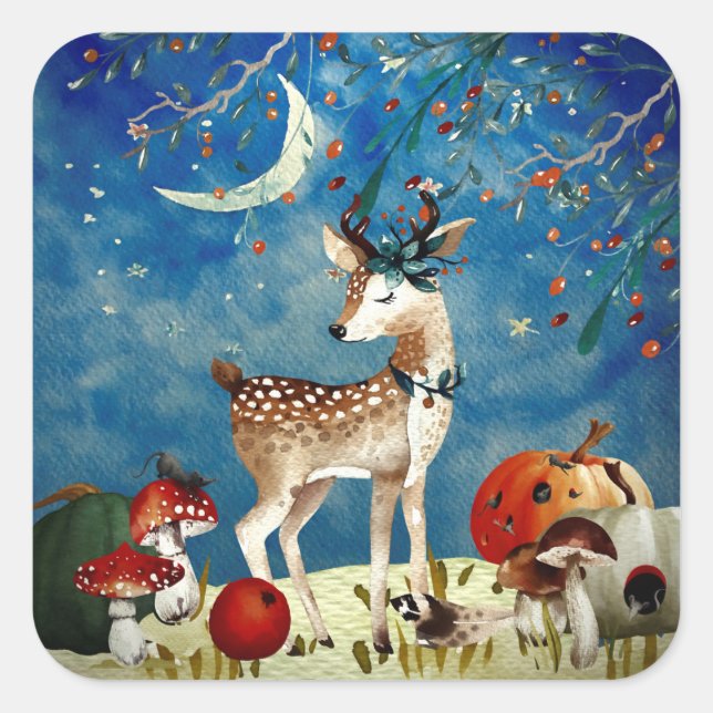 Sticker Carré Automne Woodland Friends Deer Forest Illustration (Devant)