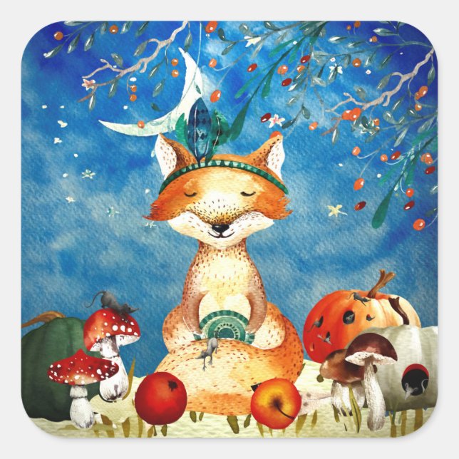 Sticker Carré Automne Woodland Friends Fox Forest Illustration (Devant)