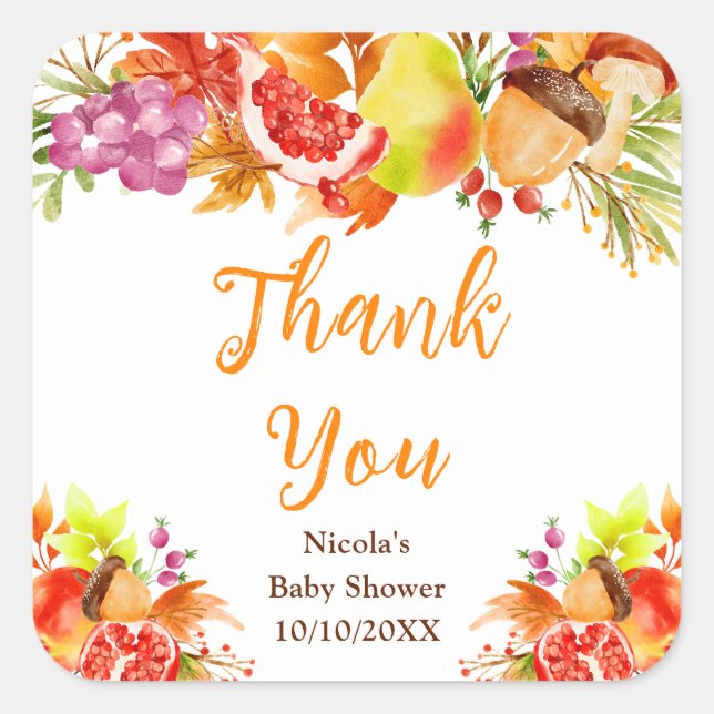 Sticker Carré Autumn Fall Harvest Baby Shower Thank You (Devant)