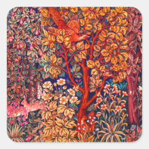 Sticker Carré AUTUMN FOREST ANIMALS Haricots, faisan, Floral rou